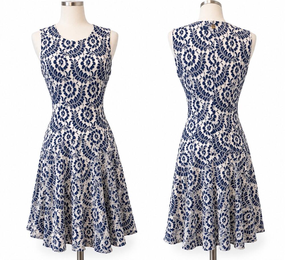 Tommy Hilfiger White & Navy Floral Lace Fit & Flare Dress | Size 4 | NWT